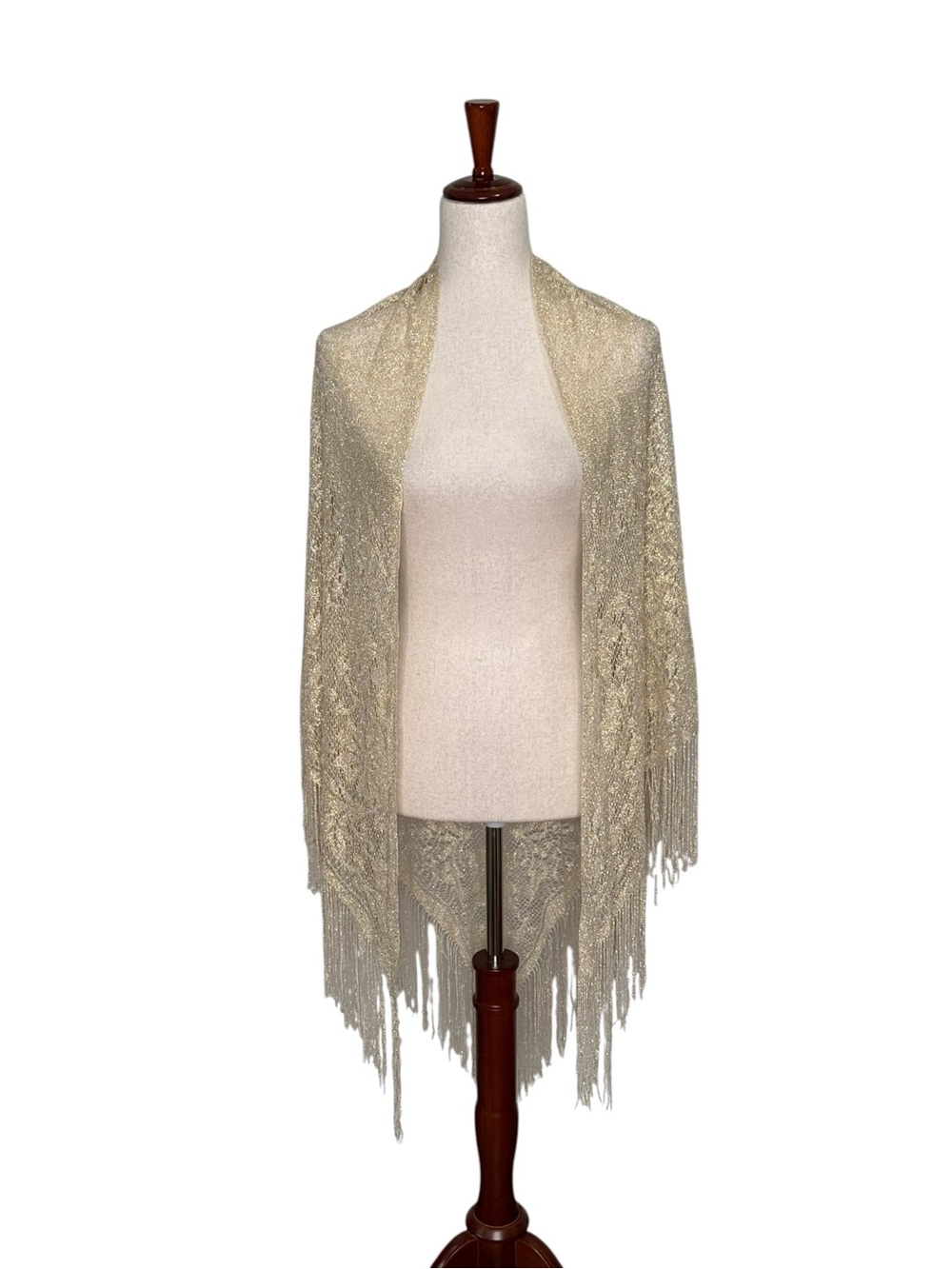 Bohemian Fringe Open-Front Knit Pashmina - Gold/Beige Floral pattern. Festival. - Picture 2 of 11